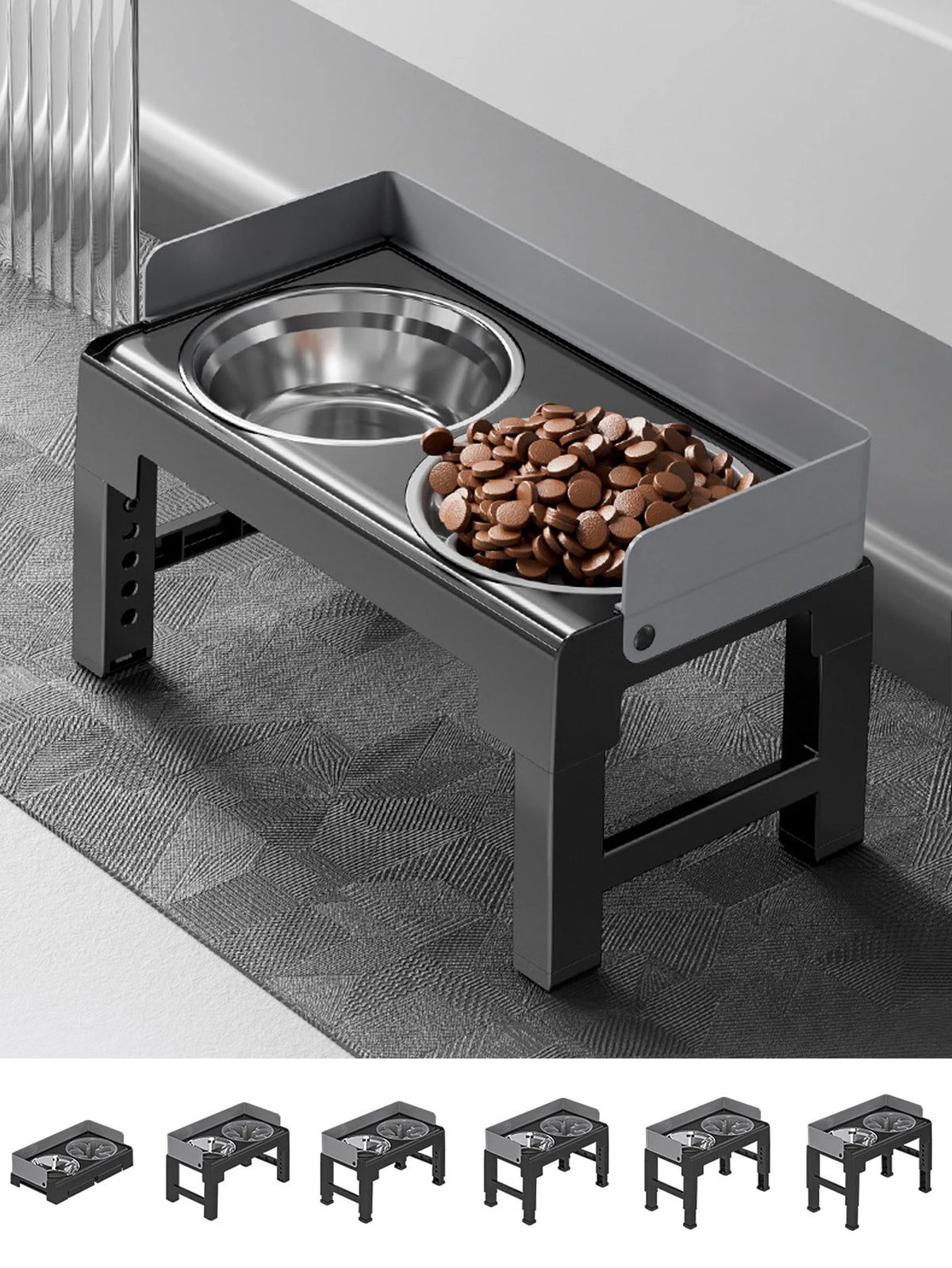 A black collapsible elevated dog feeder with two stainless steel bowls is shown on a floor.