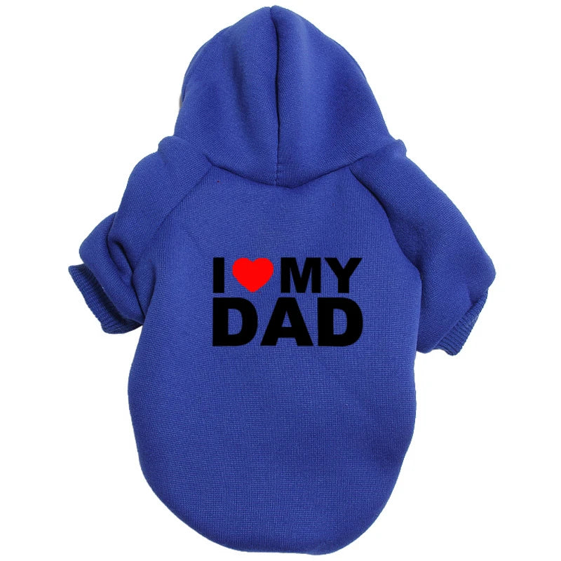 A royal blue plush coat with a hood featuring the text I love my dad.