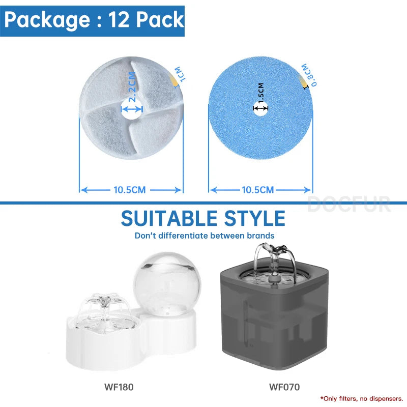 Replacement filters for pet water fountains shown in various styles including WF180 and WF070.