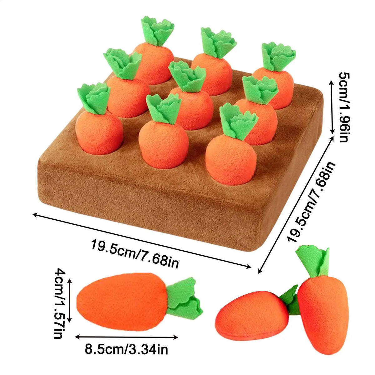 An interactive snuffle mat for pets shaped like carrots, featuring orange and green colors.