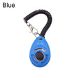 Blauer, verstellbarer Hundetrainer-Klicker mit schwarzem Spiralriemen und Metallclip.