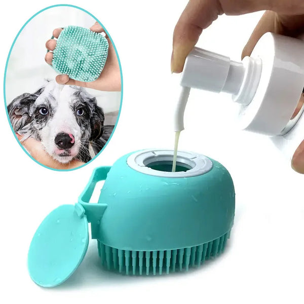 A teal silicone pet bath brush is shown next to a dog, with a hand applying liquid from a white dispenser onto the brush.