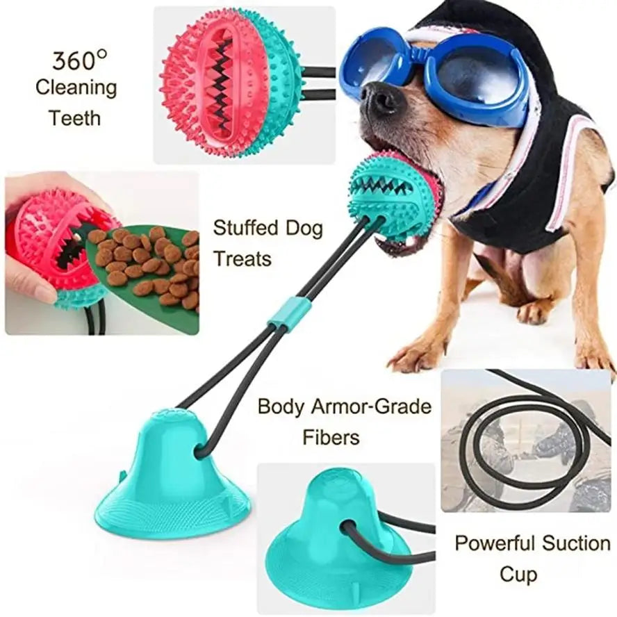 A dog is using a suction cup chew ball for dental care and play, featuring body armor-grade fibers.