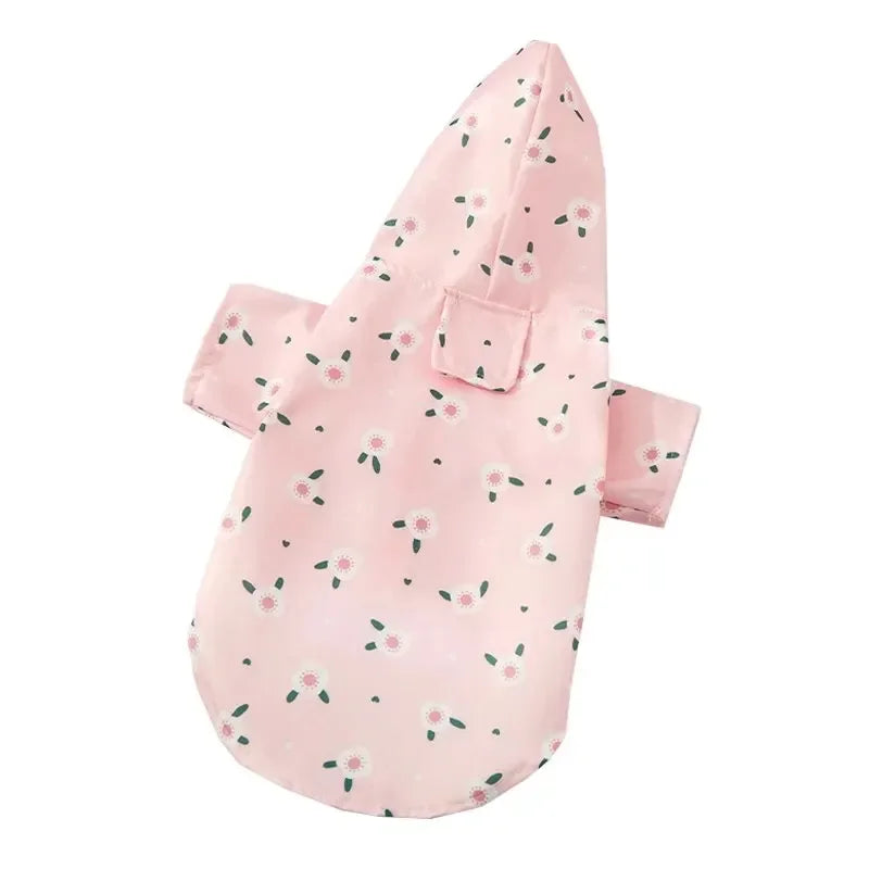 Pink waterproof summer raincoat for dogs with a pocket and floral pattern