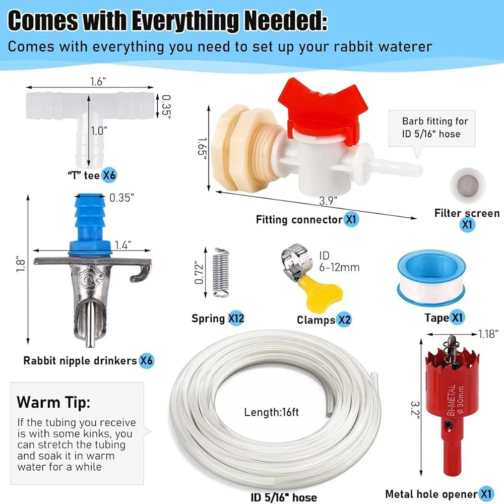 Kit for setting up a rabbit waterer including nipple, fitting connector, filter screen, spring, clamps, and hose.
