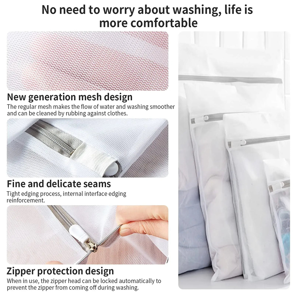 Primer plano de una bolsa de ropa de malla reutilizable mostrando costuras finas y un diseño de protección con cremallera