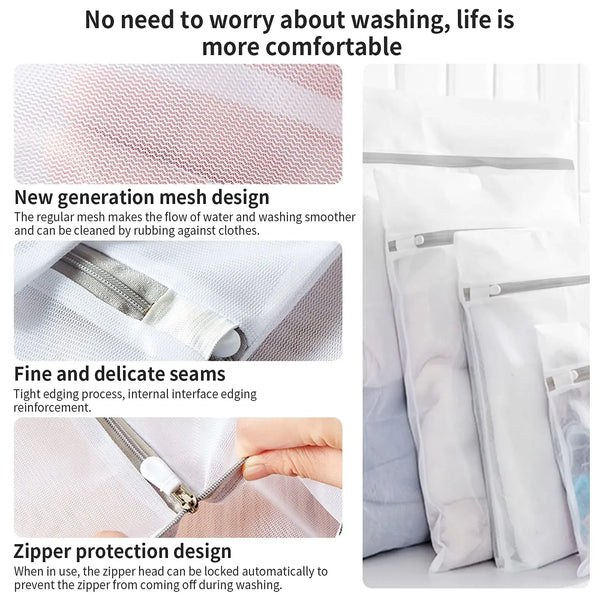 Primer plano de una bolsa de ropa de malla reutilizable mostrando costuras finas y un diseño de protección con cremallera