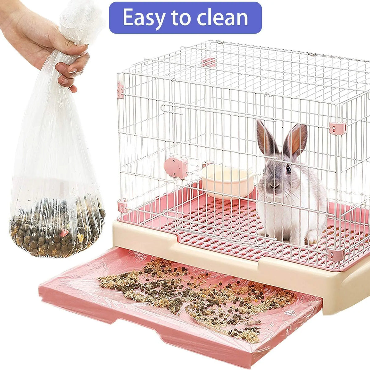 A clear plastic cage liner for a rabbit is shown with food inside, emphasizing its easy to clean design.