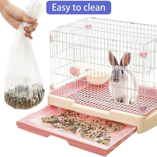 A clear plastic cage liner for a rabbit is shown with food inside, emphasizing its easy to clean design.