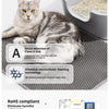 A fluffy tabby cat is lying on a gray honeycomb litter mat with technical features displayed nearby.