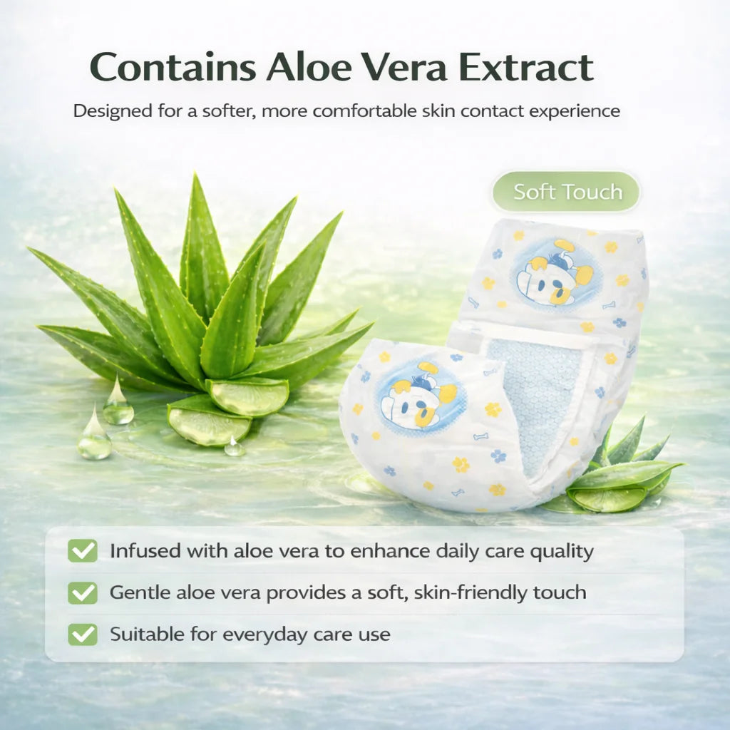 A package of aloe vera infused dog diapers designed for a softer skin contact experience.