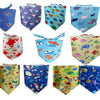 A collection of colorful cotton pet bandanas featuring various patterns and designs for dogs and cats.