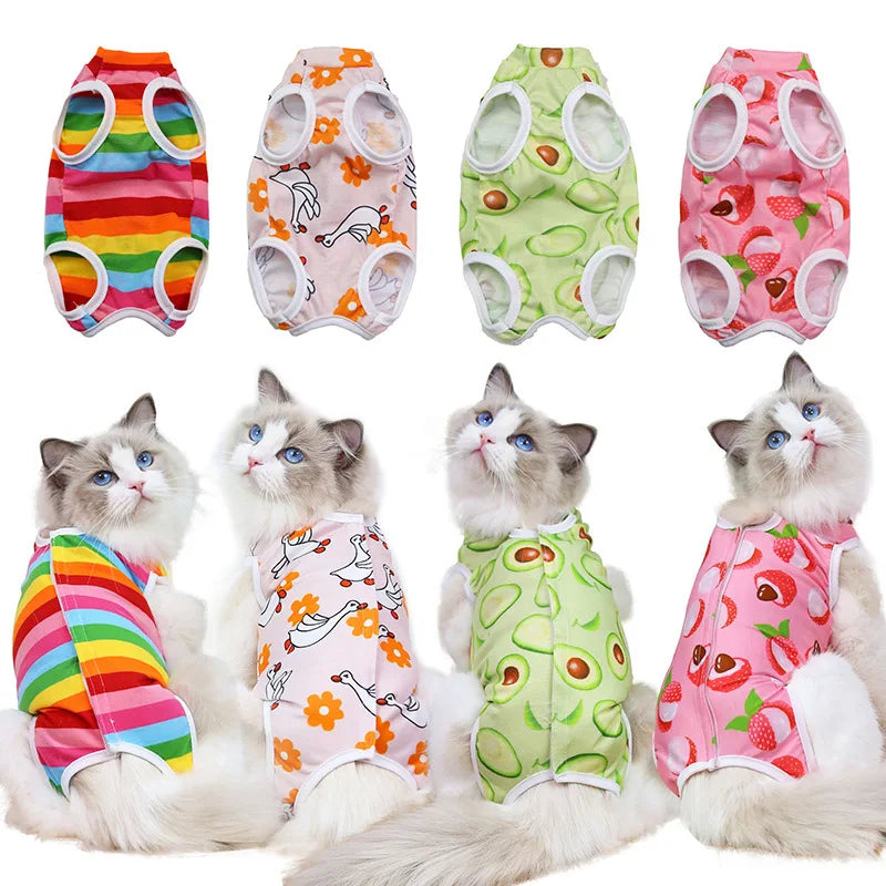 A collection of colorful recovery vests for cats, featuring rainbow stripes, floral patterns, and various bright colors.