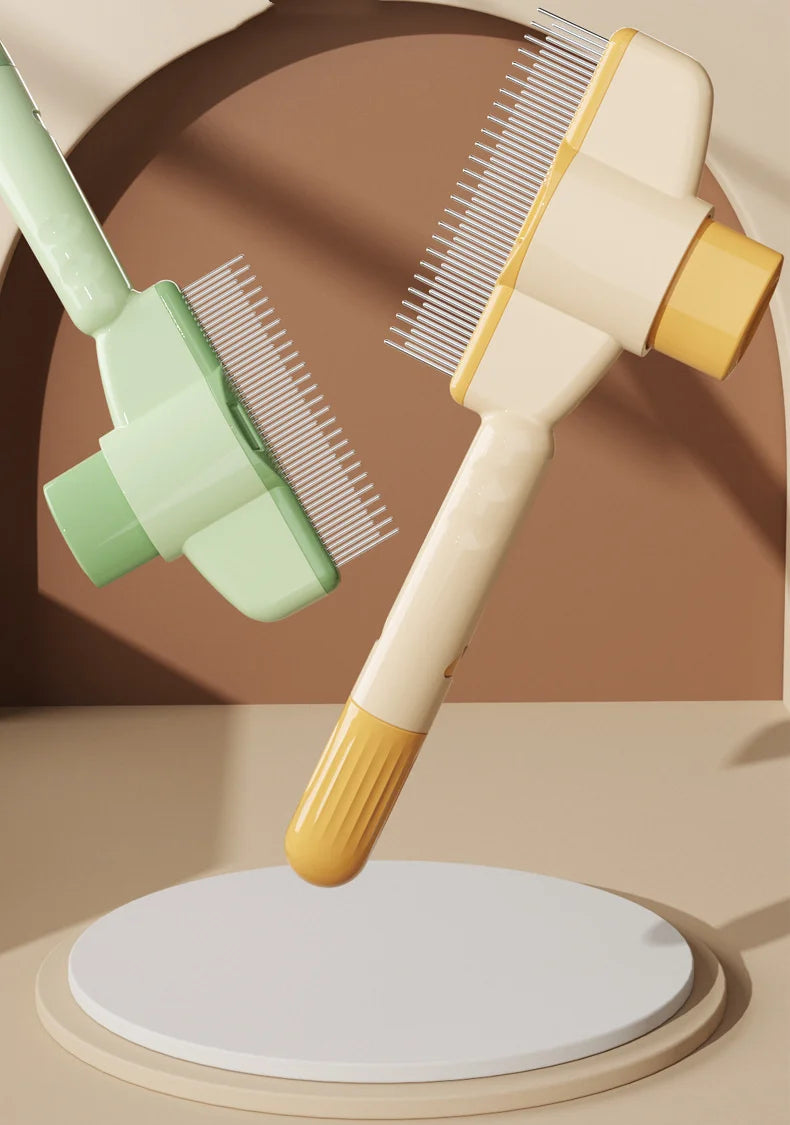 A light green and yellow self-cleaning pet brush with massage pins is shown angled against a brown background.