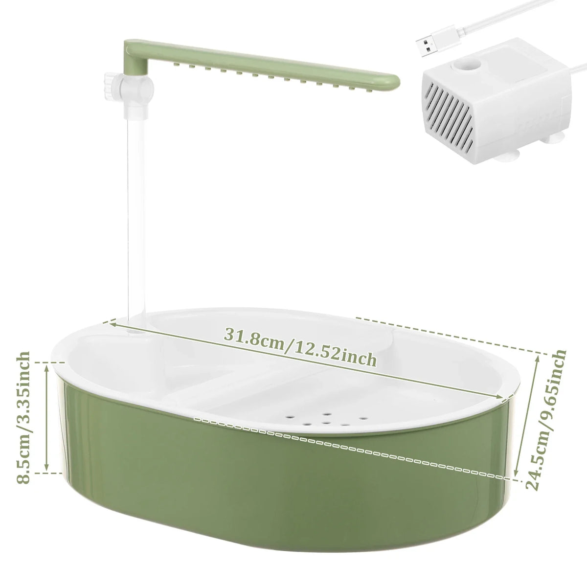A light green automatic bird shower bath for parrots with a long spout and a separate power unit.