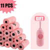 11 pink rolls of biodegradable dog waste bags with a dispenser shown next to the quantity label