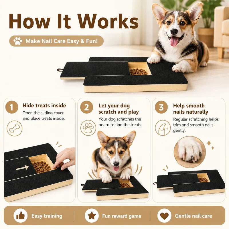 A dog is interacting with a wooden nail scratch board designed for nail care and treats.