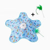 A light blue star-shaped interactive cat teaser toy with moving green feathers.