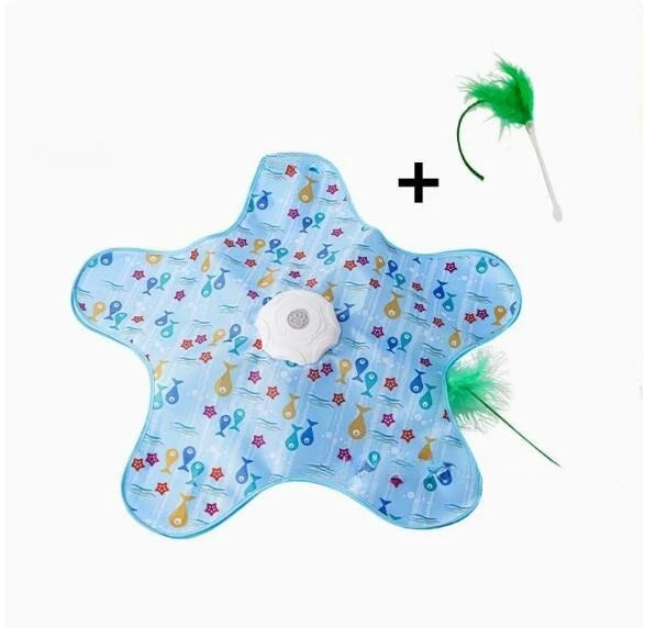 A light blue star-shaped interactive cat teaser toy with moving green feathers.