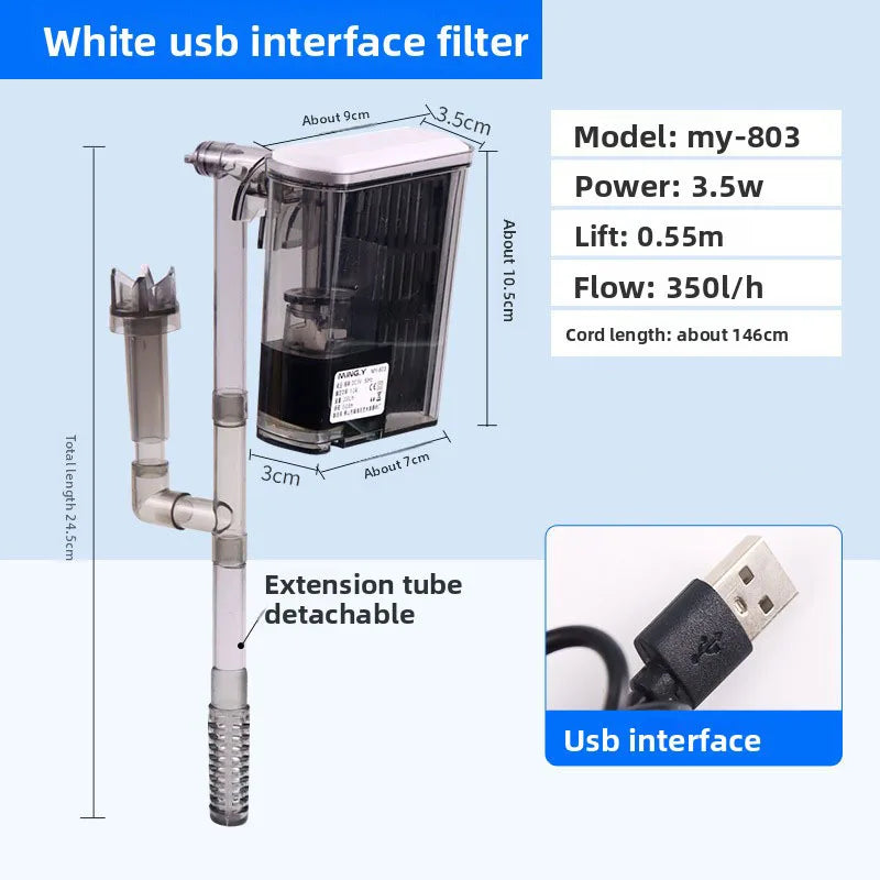 A white USB interface filter system for aquarium water, showing the main unit and an extension tube.