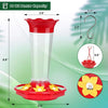 Comedero para colibríes de plástico transparente con base roja y floreros, mostrando sus dimensiones.