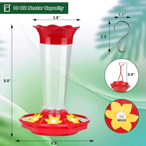 A clear plastic hummingbird feeder with a red base and flower attachments, showing its dimensions.