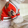 Ein kleiner Hund in einem orange-braunen gestrickten Pullover liegt auf weißer Bettwäsche.