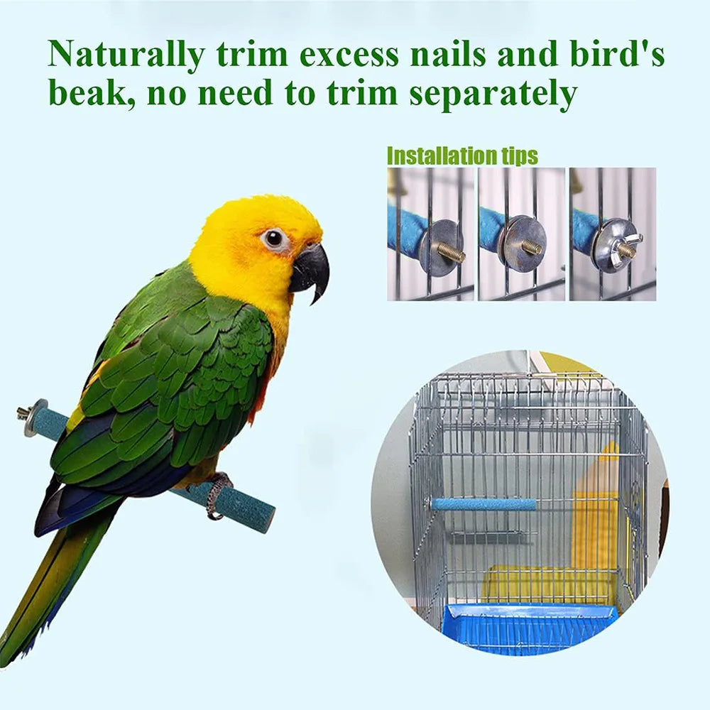 A yellow and green parrot is perched on a natural wooden perch stand for birds.