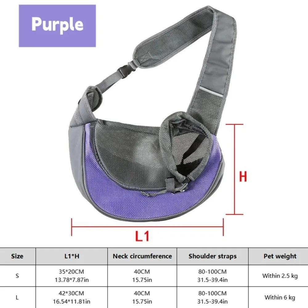 Purple pet carrier sling bag for dogs and cats with size options S and L