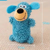 A fluffy blue plush dog toy with large ears and a black nose, shown against a light background.