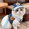 Un chat blanc duveteux portant un chapeau en oursin denim bleu et un harnais assorti avec un charme d'ours orange et une lais