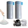 Two cylindrical cat litter box liners with blue drawstring closures and a loose white liner shown next to a white electronic 