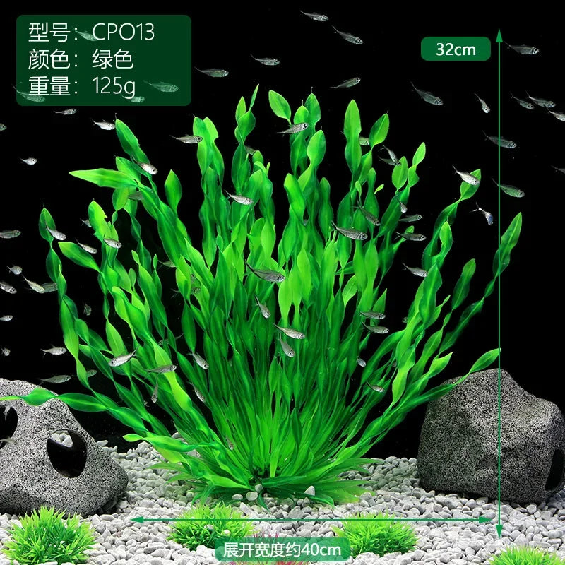 A vibrant green artificial aquatic plant arrangement used for fish tanks.