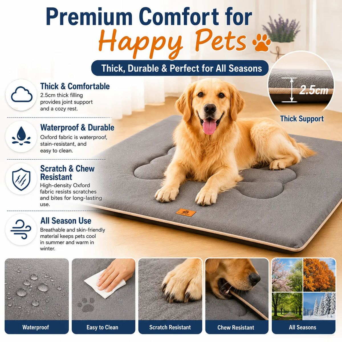 A golden retriever lies on a gray waterproof Oxford dog bed mat with cushioned support, demonstrating durability and comfort.
