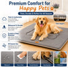 A golden retriever lies on a gray waterproof Oxford dog bed mat with cushioned support, demonstrating durability and comfort.