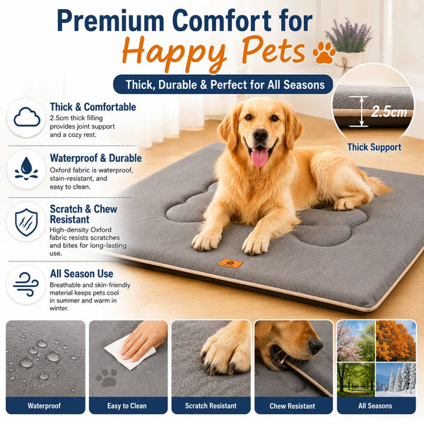 A golden retriever lies on a gray waterproof Oxford dog bed mat with cushioned support, demonstrating durability and comfort.