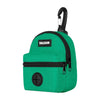 Grüne Stofftasche mit schwarzem Reißverschluss und Griff, als tragbare Hundekotbeuteldispenser konzipiert.