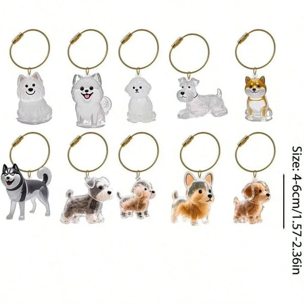 A set of transparent pet hair storage keychains featuring various dog breeds and pets.