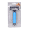 A blue pet detangling comb with a black handle is shown in clear packaging.