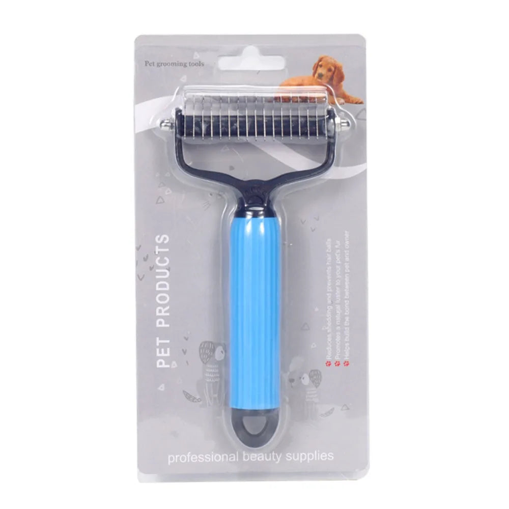 A blue pet detangling comb with a black handle is shown in clear packaging.