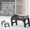 A black collapsible elevated dog feeder with double stainless steel bowls is shown next to a diagram illustrating 5 degree ti