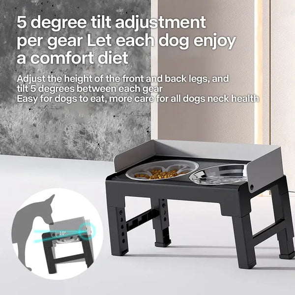 A black collapsible elevated dog feeder with double stainless steel bowls is shown next to a diagram illustrating 5 degree ti