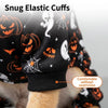 A close-up of a dog wearing black and orange Halloween costume pajamas with snug elastic cuffs.