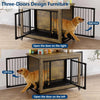 Wooden dog crate furniture with black bars and wheels, showing designs for opening doors on the right or left.