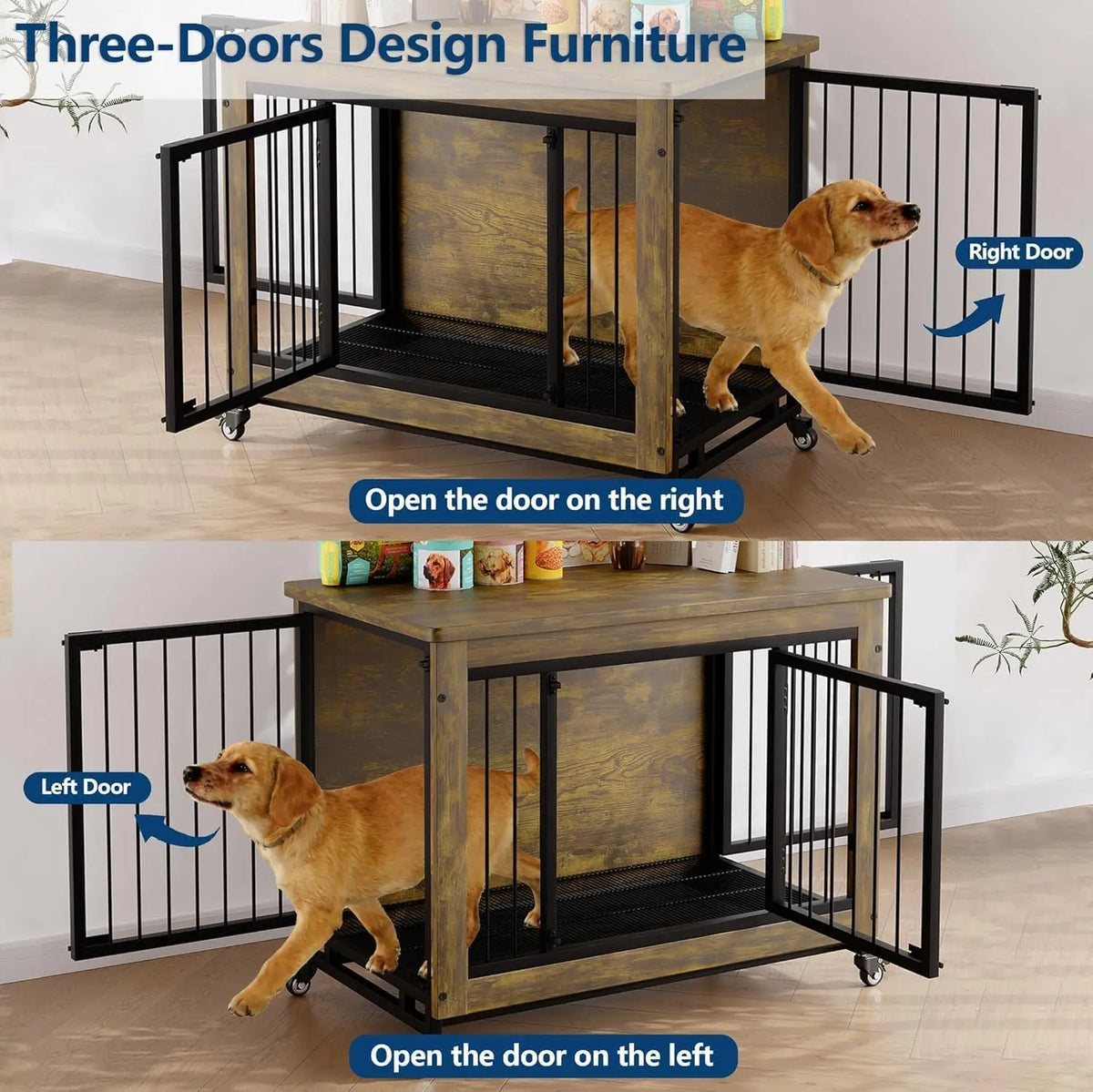 Wooden dog crate furniture with black bars and wheels, showing designs for opening doors on the right or left.