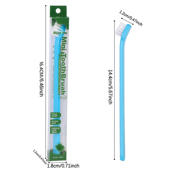 A blue mini tooth brush with a flexible handle and bristles shown next to its dimensions.