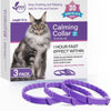 A box of calming collar for cats with three purple collars laid out on a white surface.