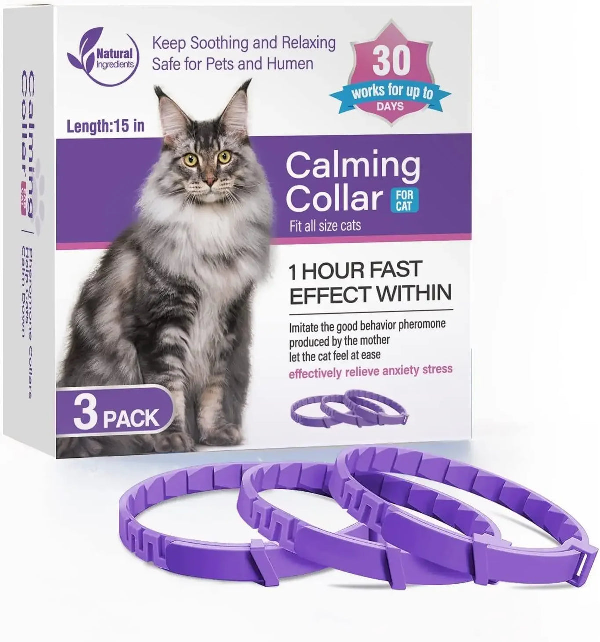 A box of calming collar for cats with three purple collars laid out on a white surface.