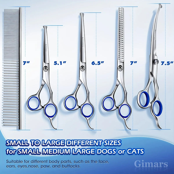A set of small to large grooming scissors for pets, showing various sizes and tips.