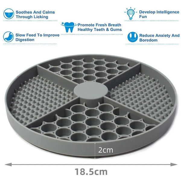 Gray silicone licking mat with multiple compartments for pets